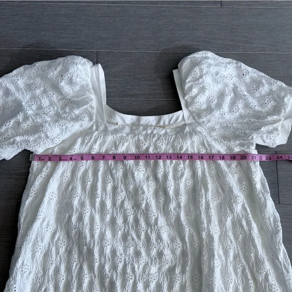 Anthropologie Maeve Eyelet Mini Dress in White M P Puff Sleeve Square Neck